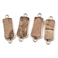 Natural Picture Jasper Links Connectors, with Light Gold Tone Brass Findings, Rectangle, 27~30x10x2.5mm, Hole: 2.5mm(G-N326-33E)