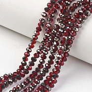 Electroplate Transparent Glass Beads Strands, Half Black Plated, Faceted, Rondelle, Dark Red, 3.5x3mm, Hole: 0.4mm, about 123~127pcs/strand, 13.7~14.1 inch(35~36cm)(EGLA-A034-T3mm-P06)
