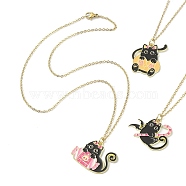 Halloween Theme Alloy Enamel Cat Pendant Necklace with 304 Stainless Steel Cable Chains, Mixed Shapes, 17.36~17.72 inch(44.1~45cm)(NJEW-JN04371)