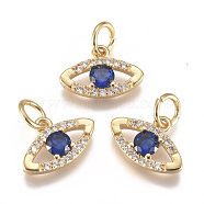 Brass Micro Pave Cubic Zirconia Charms, with Jump Ring, Long-Lasting Plated, Eye, Blue, Real 18K Gold Plated, 8x12x2mm, Hole: 3mm(ZIRC-F111-18G)