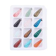 Gemstone Pendants, with Brass Clasps, Mixed Stone, teardrop, Mixed Color, 30x11mm, Hole: 6x2mm, 12pcs/box(X-G-S045-4-B)