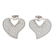 Brass Micro Pave Clear Cubic Zirconia Stud Earrings, Heart, Platinum, 18x20mm(EJEW-U005-12A-P)