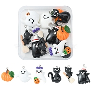 12Pcs 6 Styles Halloween Opaque Resin Pendants, Halloween Charm, with Platinum Tone Iron Loops, Cat & Ghost with Hat & Pumpkin & Ghost, Mixed Color, 24~34.5x12~24x5.5~7mm, Hole: 2mm, 2pcs/style(RESI-FS0001-33)