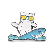 Cat Surfing Enamel Pin, Cute Animal Alloy Enamel Brooch for Backpack Clothes, Gunmetal, White, 20.5x28x10mm, Pin: 1mm(JEWB-I015-15GU)
