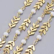 3.28 Feet Handmade Brass Cobs Chains, with Faceted Glass Round Beads, Soldered, Long-Lasting Plated, Real 18K Gold Plated, White, 7x6x1.6mm(X-CHC-I035-07G-02)