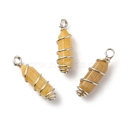 Natural Topaz Jade Double Terminal Pointed Pendants, with Platinum Tone Copper Wire Wrapped, Bullet, 26~26.5x8mm, Hole: 2.5~2.8mm(PALLOY-JF01686-04)