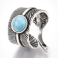 Alloy Cuff Finger Rings, with Synthetic Turquoise, Wide Band Rings, Feather, Antique Silver, US Size 8 1/2(18.5mm)(RJEW-T006-43)