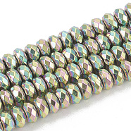 Electroplate Non-magnetic Synthetic Hematite Beads Strands, Faceted, Rondelle, Rainbow Plated, 4x2mm, Hole: 1mm, about 170pcs/strand, 15.7 inch(G-T061-154D)