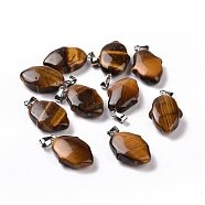 Natural Tiger Eye Pendants, Hamsa Hand Charms, with Platinum Plated Alloy Snap on Bails, 24~24.5x15x7mm, Hole: 5.5x3mm(G-B041-03P-04)