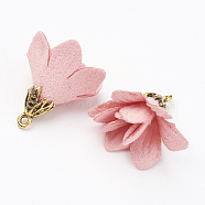 Velvet Pendant Decorations, Flower, with Alloy Findings, Antique Golden, Pink, 23.5x8mm, Hole: 1.5mm(FIND-P021-02)