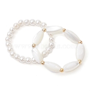 2Pcs 2 Style Shell Pearl Round & Oval Beaded Stretch Rings Set, Stackable Rings with Brass Beaded, White, Inner Diameter: 18~19mm, 1Pc/style(RJEW-TA00089)