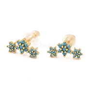 Brass Micro Pave Cubic Zirconia Stud Earrings, Real 18K Gold Plated, Flower, Deep Sky Blue, 6.5x12.5mm, Pin: 1mm(EJEW-F273-15E-G)