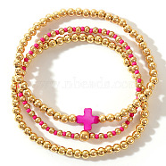 3Pcs Golden Luxury Brass Beaded Gothic Cross Ladies Elastic Bracelet Sets, Violet, 6-1/2 inch(16.5cm)(MP9967-1)