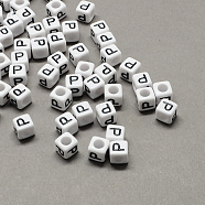 Large Hole Acrylic Letter European Beads, Horizontal Hole, White & Black, Cube with Letter.P, 6x6x6mm, Hole: 4mm, about 2950pcs/500g(SACR-Q103-6mm-01P)