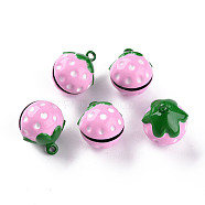 Baking Painted Brass Bell Pendants, Strawberry, Pearl Pink, 21.5x17.5x17mm, Hole: 2mm(X-KKB-S002-012A)