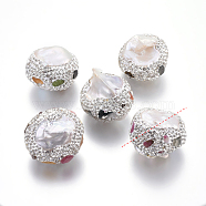 Natural Pearl Beads, with Polymer Clay Rhinestones and Gemstone, Nuggets, 22.5~25x16.5~19mm, Hole: 1mm(RB-L033-01)