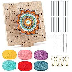 Square Wood Crochet Blocking Board, Knitting Loom, with 20Pcs Metal Sticks, 5Pcs Crochet Needle, 32Pcs Safety Pins and 6 Random Colors Yarn, Colorful, 23.5x23.5x2cm(SENE-PW0015-01A)