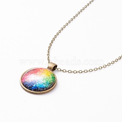 Rainbow Pride Necklace, Flat Round with Pattern Pendant Necklace for Men Women, Antique Bronze, Bubble Pattern, 20.08 inch(51cm) (NJEW-F290-01L)