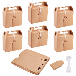 Foldable Rectangle Kraft Paper Cardboard Jewelry Boxes with Handle, Candy Gift Box with White Ribbon and Gift Tag, for Wedding Party Package, Tan, Finished Product: 16.3x14.5x4cm, Unfold: 24x21x0.1cm(CBOX-WH0009-05B)