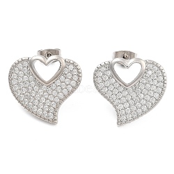 Brass Micro Pave Clear Cubic Zirconia Stud Earrings, Heart, Platinum, 18x20mm(EJEW-U005-12A-P)