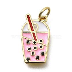 Brass Enamel Pendants, with Jump Ring, Long-Lasting Plated, Lead Free & Cadmium Free, Rack Plating, Milk Tea Cup Charm, Real 18K Gold Plated, Pink, 16x9x1.8mm, Hole: 3.5mm(KK-Z093-16G)