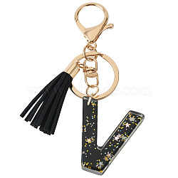 1Pc Resin Letter Keychains, with Alloy Clasps, Golden, with Star Glitter Powder, Golden, Letter V, 106mm(KEYC-TADJ0001-09V)