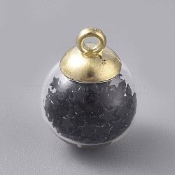 Glass Ball Pendants, with Star Glitter Sequins and Golden Plated CCB Plastic Cup Peg Bails, Round, Black, 20.5x15mm, Hole: 2.5mm(GLAA-WH0015-26I)