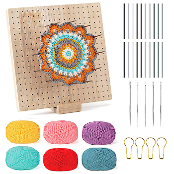 Square Wood Crochet Blocking Board, Knitting Loom, with 20Pcs Metal Sticks, 5Pcs Crochet Needle, 32Pcs Safety Pins and 6 Random Colors Yarn, Colorful, 23.5x23.5x2cm