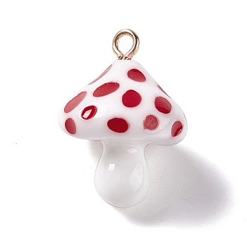 Opaque Resin Pendants, 3D Mushroom Charms, with Light Gold Tone Iron Loops, FireBrick, 24.5~25.5x18mm, Hole: 2mm