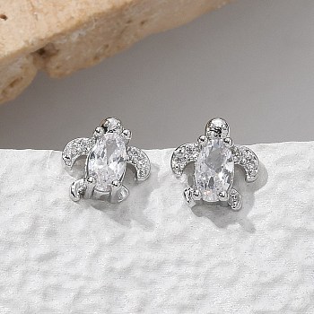 Brass & Clear Cubic Zirconia & Glass Stud Earrings, Tortoise, Platinum, 7.5x7.5mm