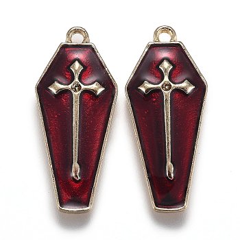 Halloween Theme Alloy Enamel Pendants, Red Coffin with Cross, Light Gold, 25.5x11x3mm, Hole: 1.2mm
