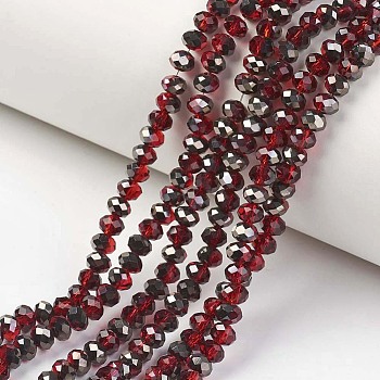 Electroplate Transparent Glass Beads Strands, Half Black Plated, Faceted, Rondelle, Dark Red, 3.5x3mm, Hole: 0.4mm, about 123~127pcs/strand, 13.7~14.1 inch(35~36cm)