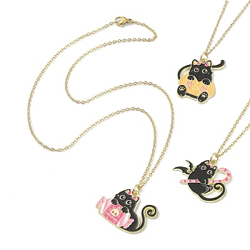 Halloween Theme Alloy Enamel Cat Pendant Necklace with 304 Stainless Steel Cable Chains, Mixed Shapes, 17.36~17.72 inch(44.1~45cm)