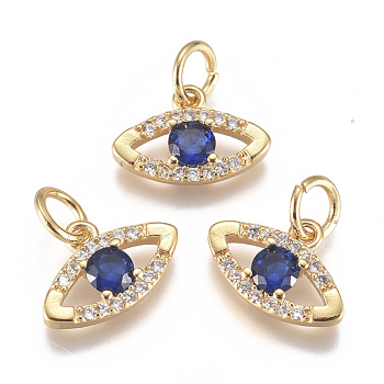 Brass Micro Pave Cubic Zirconia Charms, with Jump Ring, Long-Lasting Plated, Eye, Blue, Real 18K Gold Plated, 8x12x2mm, Hole: 3mm