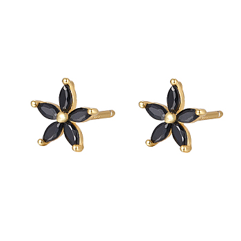 Cubic Zirconia Flower Stud Earrings, Golden 925 Sterling Silver Post Earrings, Black, 7.2mm