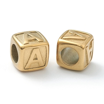 304 Stainless Steel European Beads, Large Hole Beads, Horizontal Hole, Cube with Letter, Golden, Letter.A, 8x8x8mm, Hole: 4mm