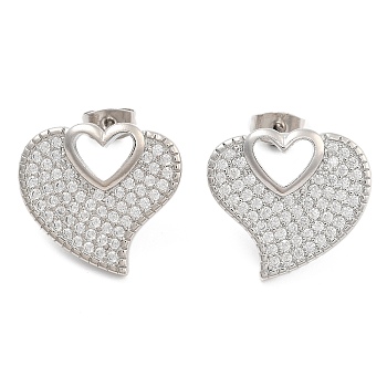 Brass Micro Pave Clear Cubic Zirconia Stud Earrings, Heart, Platinum, 18x20mm