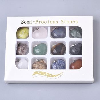 Natural Mixed Stone Pendants, with Platinum Plated Brass Pinch Bails, Heart, 20x23x10mm, Hole: 3.5mm, 12pcs/box