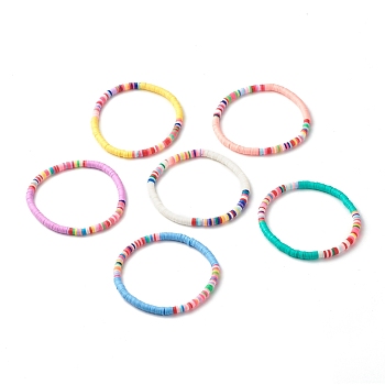 Handmade Polymer Clay Heishi Beads Stretch Bracelet, Surfering Bracelet for Girl Women, Mixed Color, Inner Diameter: 2-1/8 inch(5.5cm)