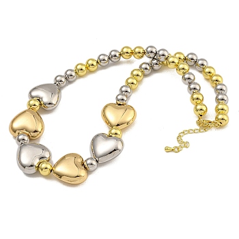 Rack Plating Brass Round & Heart Beaded Necklaces for Women, Cadmium Free & Lead Free, Long-Lasting Plated, Platinum, Real 18K Gold Plated, 16.34 inch(41.5cm)