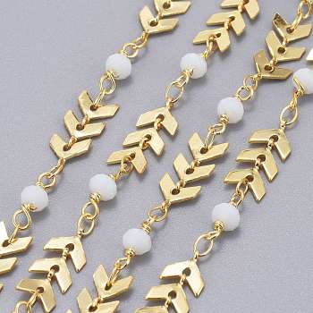 3.28 Feet Handmade Brass Cobs Chains, with Faceted Glass Round Beads, Soldered, Long-Lasting Plated, Real 18K Gold Plated, White, 7x6x1.6mm