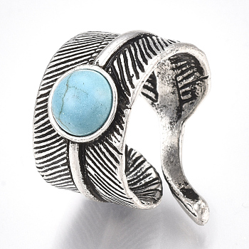 Alloy Cuff Finger Rings, with Synthetic Turquoise, Wide Band Rings, Feather, Antique Silver, US Size 8 1/2(18.5mm)