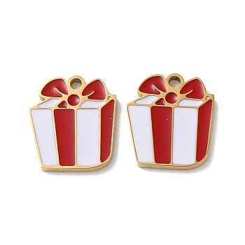 Ion Plating(IP) 304 Stainless Steel Charms, with Enamel, Gift Box Charm, Golden, 14x12x1.5mm, Hole: 1.5mm