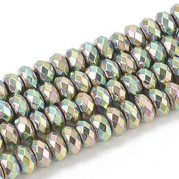 Electroplate Non-magnetic Synthetic Hematite Beads Strands, Faceted, Rondelle, Rainbow Plated, 4x2mm, Hole: 1mm, about 170pcs/strand, 15.7 inch