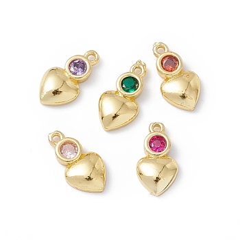 Brass Micro Pave Cubic Zirconia Pendants, Real 18K Gold Plated, Heart, Mixed Color, 10x5.5x2mm, Hole: 0.8mm