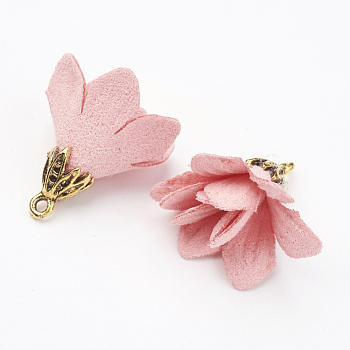 Velvet Pendant Decorations, Flower, with Alloy Findings, Antique Golden, Pink, 23.5x8mm, Hole: 1.5mm