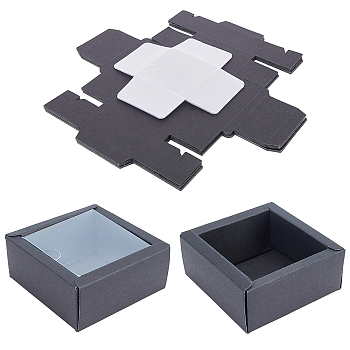 Kraft Paper Cardboard Jewelry Boxes, with PVC Findings, Square, Black, Box: 8.3x8.3x3.6mm