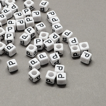 Large Hole Acrylic Letter European Beads, Horizontal Hole, White & Black, Cube with Letter.P, 6x6x6mm, Hole: 4mm, about 2950pcs/500g
