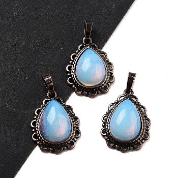 Synthetic Opalite Teardrop Pendants, Red Copper Tone Brass Charms, 28.5x20.5x7mm, Hole: 8x5mm