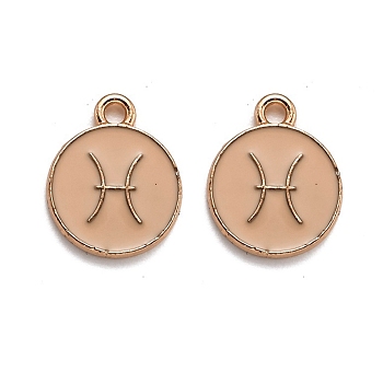 Alloy Enamel Pendants, Flat Round with Constellation/Zodiac Sign, Golden, Pisces, 15x12x2mm, Hole: 1.5mm